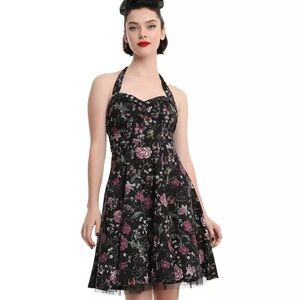 Hot Topic Floral Insects Swing Dress Black Halter Tulle Novelty Retro Small